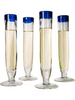 Set of 4 Tall Cobalt Blue Rim Champagne Flutes - Hand Blown Glassware for